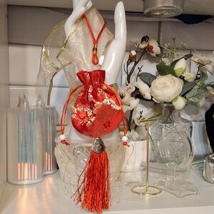 Red Silky Drawstring Pouch with Tassel Set Of 3 New